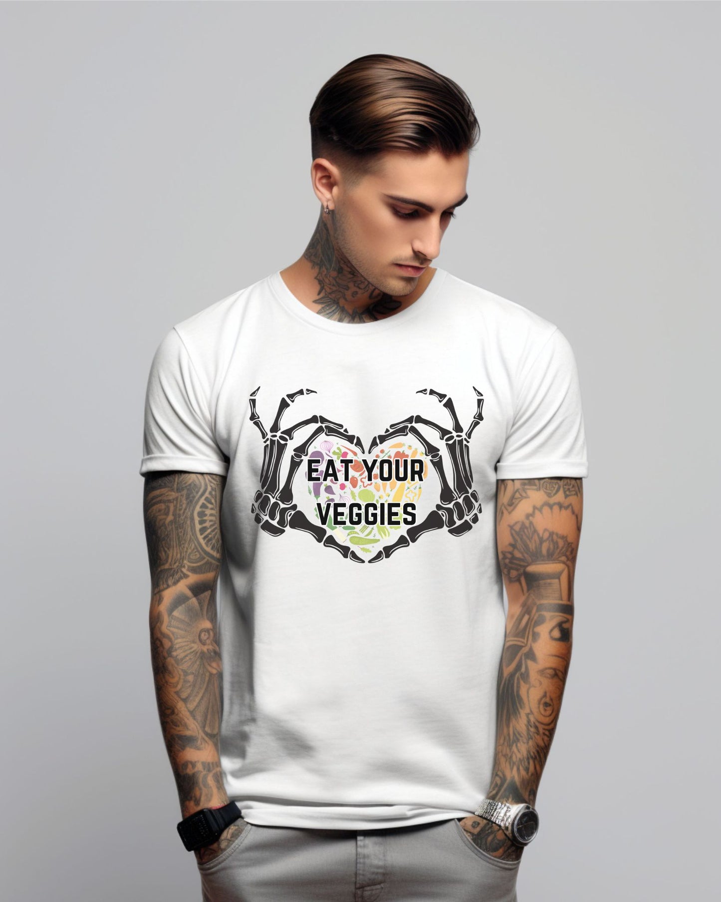 Eat Your Veggies - Fun Unisex T-shirt for Vegetarians, Vegans & Health Conscious People